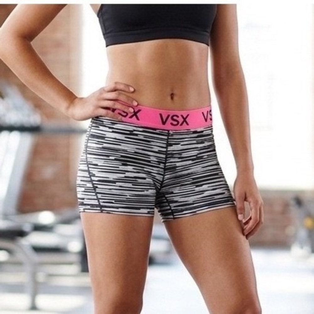 VSX Victoria's Secret Sport Shorts Tights Pink Logo Glitch Stripe Black White Sm